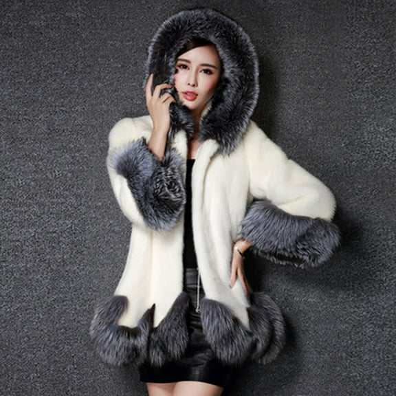 winter jackets for women,White Women Faux Fur Jacket Spring and Winter Fashion Hood Puffer Coat with Fur Collar