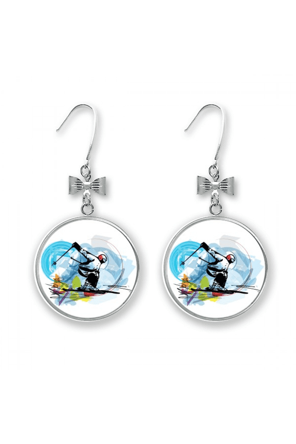 winter sport athletes freestyle skiing illustration bow earrings drop stud pierced hook