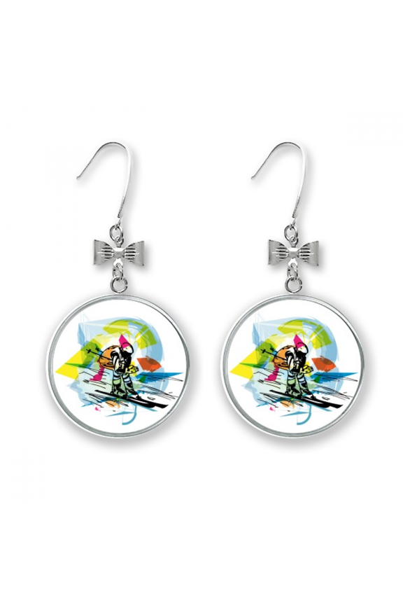 winter sport freestyle skiing illustration bow earrings drop stud pierced hook