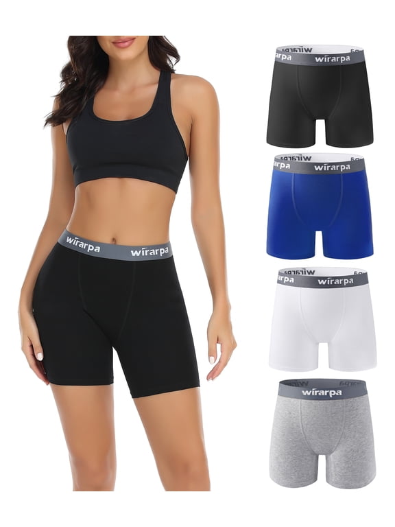 "wirarpa Women's Cotton Boxer Briefs, Anti-Chafing Boyshorts Panties, 5.5"" Inseam, 4 Pack (S, Black/Grey/White/Navy)"