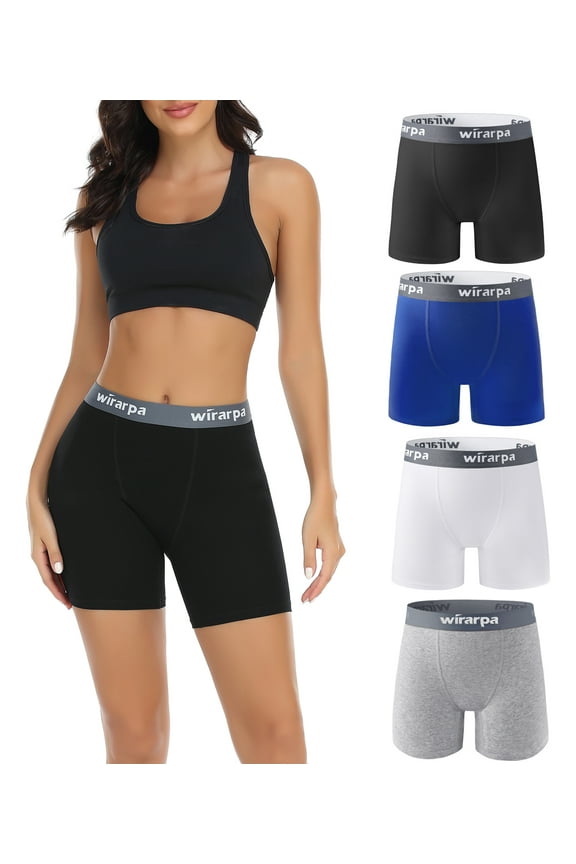 "wirarpa Women's Cotton Boxer Briefs, Anti-Chafing Boyshorts Panties, 5.5"" Inseam, 4 Pack (S, Black/Grey/White/Navy)"