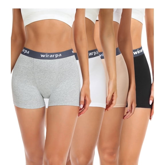 wirarpa Women's Cotton Boxer Briefs Underwear Anti Chafe Boy Shorts 3" Inseam 4 Pack Black Grey Beige White Medium