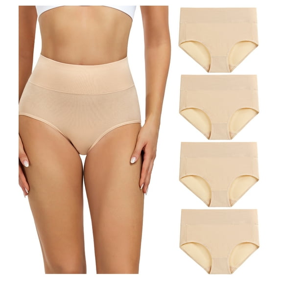 wirarpa Women's High Waisted Cotton Briefs, Full Coverage, 4 Pack (Large, Beige)