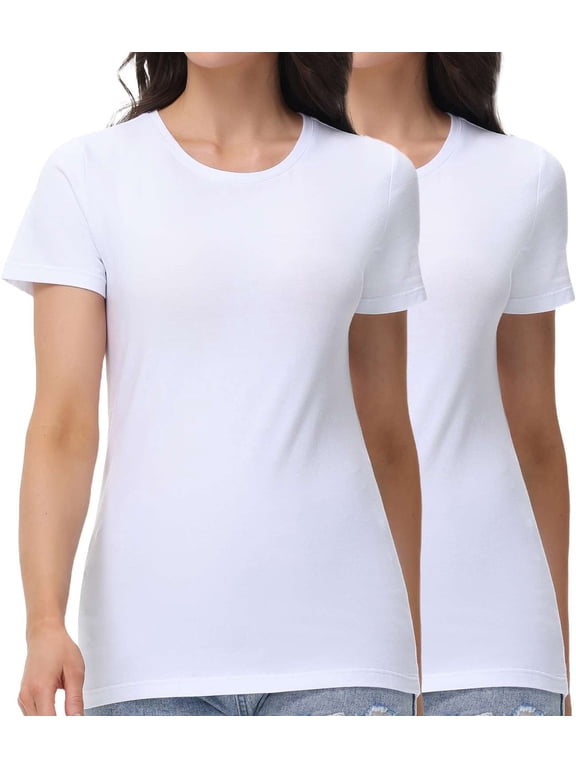 Womens 2 Pack Crew Neck T-Shirts Short Sleeve Summer Tops Fashion Basic Tees White Size Medium