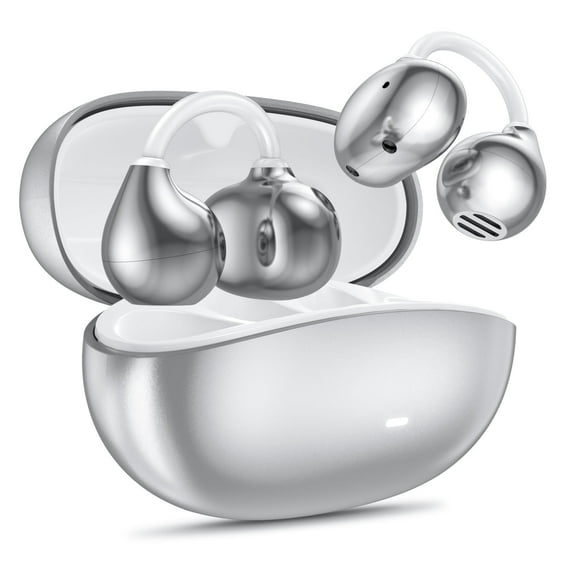 Cshidworld Clip on Earbuds, Open Ear Headphones Wireless, Bluetooth 6.0 with Mic, 50H Playtime, Waterproof, Noise Cancelling, Small-Ear Fit, Lightweight for Gym Running Sport, silver