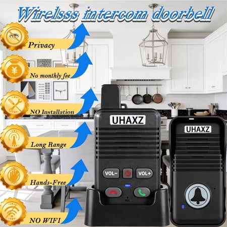 UHAXZ-Full Duplex Wireless Intercom Doorbell, 1000ft Long Range, Hands-Free Intercom Door Bell 2 Way Communication,Intercom for Home(Black1 Pack