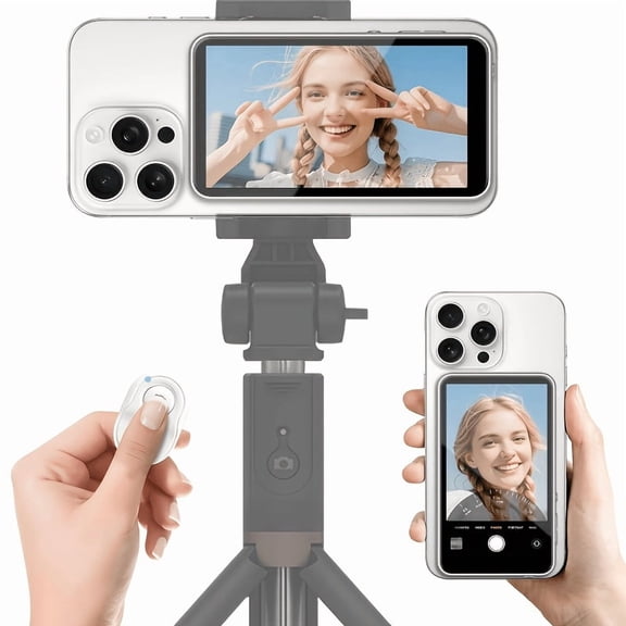 A wireless selfie monitoring screen for iPhone and Android devices, comes with a 2000/2500mAh battery and supports wireless remote control. It features three brightness levels and a full-screen mode.