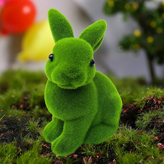 wirlsweal Easter Bunny Ornament Realistic Green Simulated Moss Flocking Fuzzy 3D Home Decor Crafts Spring Easter Desktop Rabbit Decoration Toy Easter Supplies