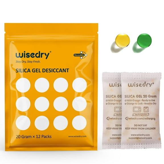 wisedry 20 Gram [12 Packs] Rechargeable Silica Gel Packets Microwave Fast Reactivate in 2MINS Moisture Absorber Desiccant Packs with Orange Indicating Beads Food Grade