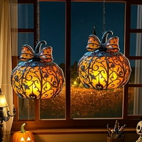 witch hat Pumpkin Halloween Window Light Catcher – Stained Glass Window Hanging with Glowing Orange Pumpkin and Bow, Fall Seasonal Wall Art, Halloween Decor Indoor, Spooky Home Decor for Living Room