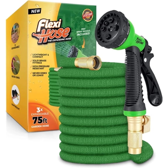 with 8 Function Nozzle, 50FT - Lightweight Expandable Garden Hose, No-Kink Flexibility, 3/4 Inch Solid Brass Fittings and Double Latex Core Green