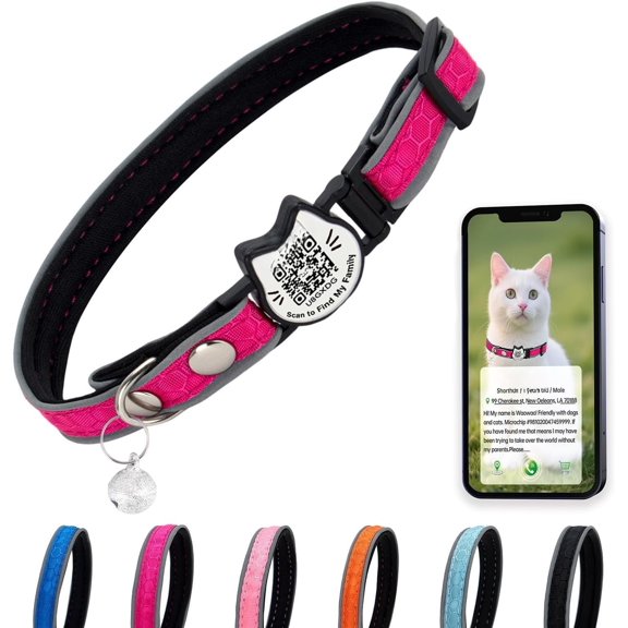 with Bells Reflective Collars Breakaway with Oxford Cloth Soft Padding Adjustable Kitten with QR Code(Hotpink)