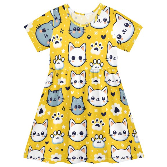 with Cartoon Cat Face and Paw Design on Yellow Background Short Sleeve Dress A-Line Cute Midi Casual Sundress 2-8 Years