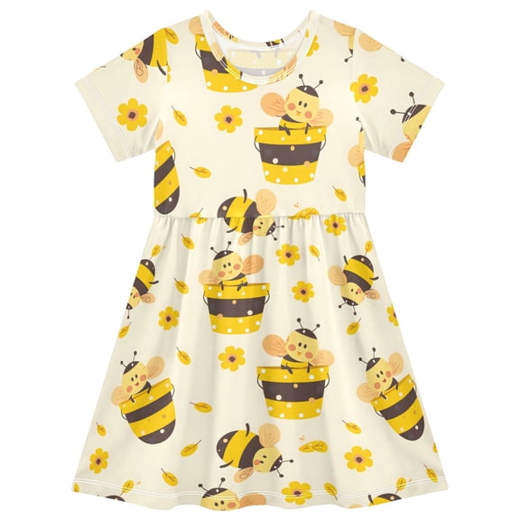 with Cute Cartoon Bees with The Buckets Of Honey Short Sleeve Dress A-Line Cute Midi Casual Sundress 2-8 Years