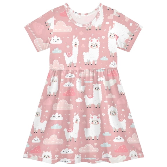 with Funny Llama and Clouds on A Pink Background Short Sleeve Dress A-Line Cute Midi Casual Sundress 2-8 Years