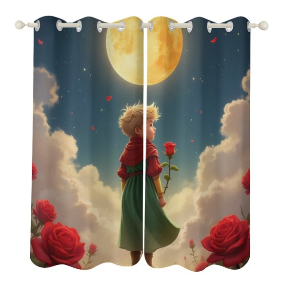 with Rose Under Moon 2 Panels 3D Printing Pattern Curtain for Bedroom Living Room Kitchen Window Decoration Home