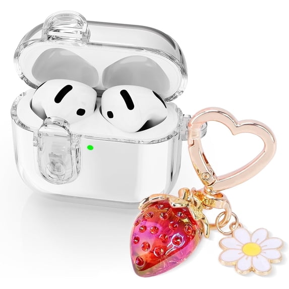 (with Safety Lock) Clear Case Compatible with Airpods 4 Cases 2024 Women, Cute Soft TPU Transparent AirPods 4th Generation Case iPods 4 Earbuds Case Girl Strawberries Keychain for Airpod iPod 4th Gen
