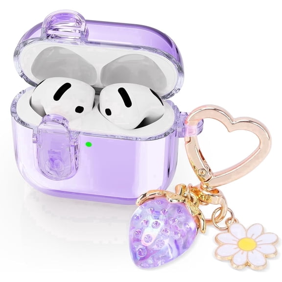 (with Safety Lock) Clear Case Compatible with Airpods 4 Cases 2024 Women, Cute Soft TPU Transparent AirPods 4th Generation Case iPods 4 Earbuds Case Girl Strawberries Keychain for Airpod iPod 4th Gen