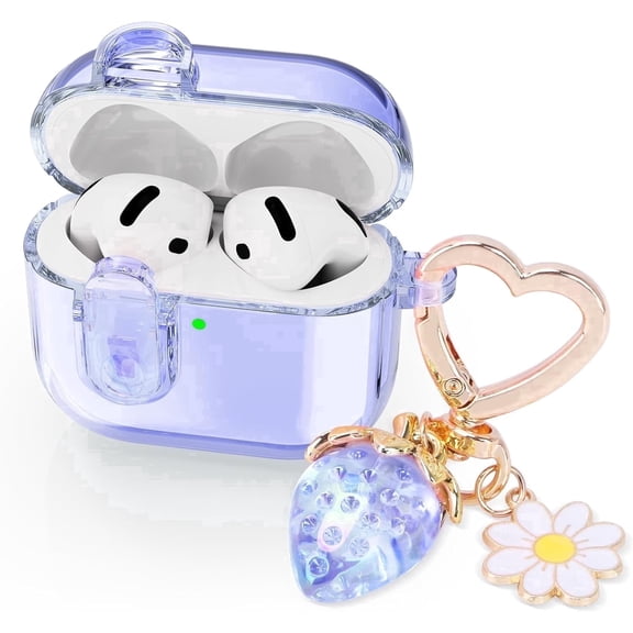 (with Safety Lock) Clear Case Compatible with Airpods 4 Cases 2024 Women, Cute Soft TPU Transparent AirPods 4th Generation Case iPods 4 Earbuds Case Girl Strawberries Keychain for Airpod iPod 4th Gen
