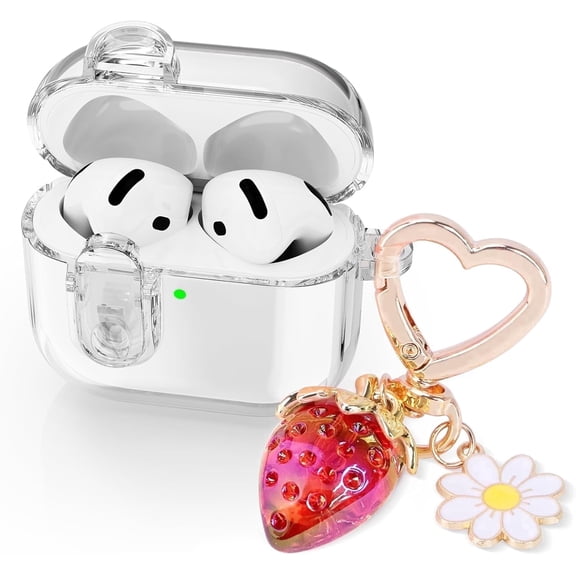 (with Safety Lock) Clear Case Compatible with Airpods 4 Cases 2024 Women, Cute Soft TPU Transparent AirPods 4th Generation Case iPods 4 Earbuds Case Girl Strawberries Keychain for Airpod iPod 4th Gen