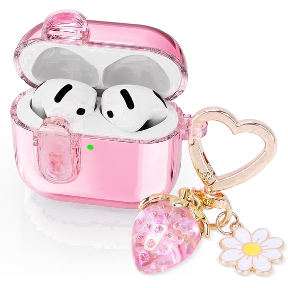 Clear Case for AirPods 4 (2024) with Safety Lock, Cute Strawberry Keychain, Soft TPU Protective Cover, Shockproof Wireless Earbuds Shell for Women Girls