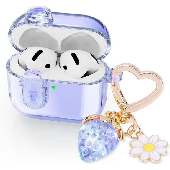 (with Safety Lock) Clear Case Compatible with Airpods 4 Cases 2024 Women, Cute Soft TPU Transparent AirPods 4th Generation Case iPods 4 Earbuds Case Girl Strawberries Keychain for Airpod iPod 4th Gen