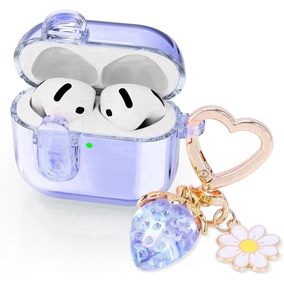 (with Safety Lock) Clear Case Compatible with Airpods 4 Cases 2024 Women, Cute Soft TPU Transparent AirPods 4th Generation Case iPods 4 Earbuds Case Girl Strawberries Keychain for Airpod iPod 4th Gen