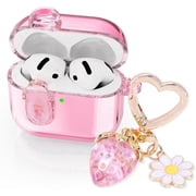 (with Safety Lock) Clear Case Compatible with Airpods 4 Cases 2024 Women, Cute Soft TPU Transparent AirPods 4th Generation Case iPods 4 Earbuds Case Girl Strawberries Keychain for Airpod iPod 4th Gen