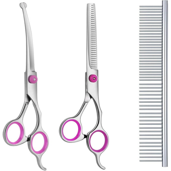 with Safety Round Tips, Titanium Pet Trimmer Kit, Professional Thinning Shears, Curved with Comb for Dogs and Cats ( Set of 3)