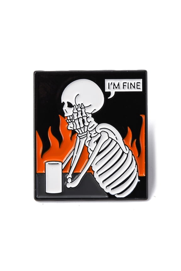 with Word I'm Fine Fire Enamel Pins Alloy Brooches for Backpack Clothes White 34x29.5mm