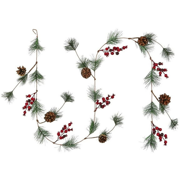 witspace 5.9FT Christmas Pine Needle Garland Pinecones with Lights Christmas Garland Artificial with Holly Leaves Pine Needles Red Berry Holiday Garland for Winter Home Fireplace Stairs Decor