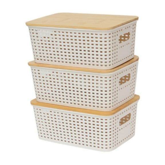 witspace Plastic Storage Bins with Bamboo Lids Stackable Box Basket Pantry Decorative Containers Cute with Lable for Organizing Desktop Closet Office 3 Packs