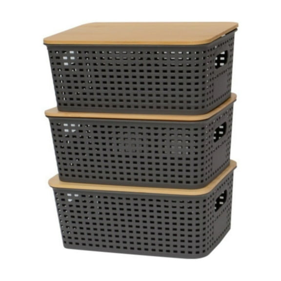 witspace Plastic Storage Bins with Bamboo Lids Stackable Box Basket Pantry Decorative Containers Cute with Lable for Organizing Desktop Closet Office 3 Packs