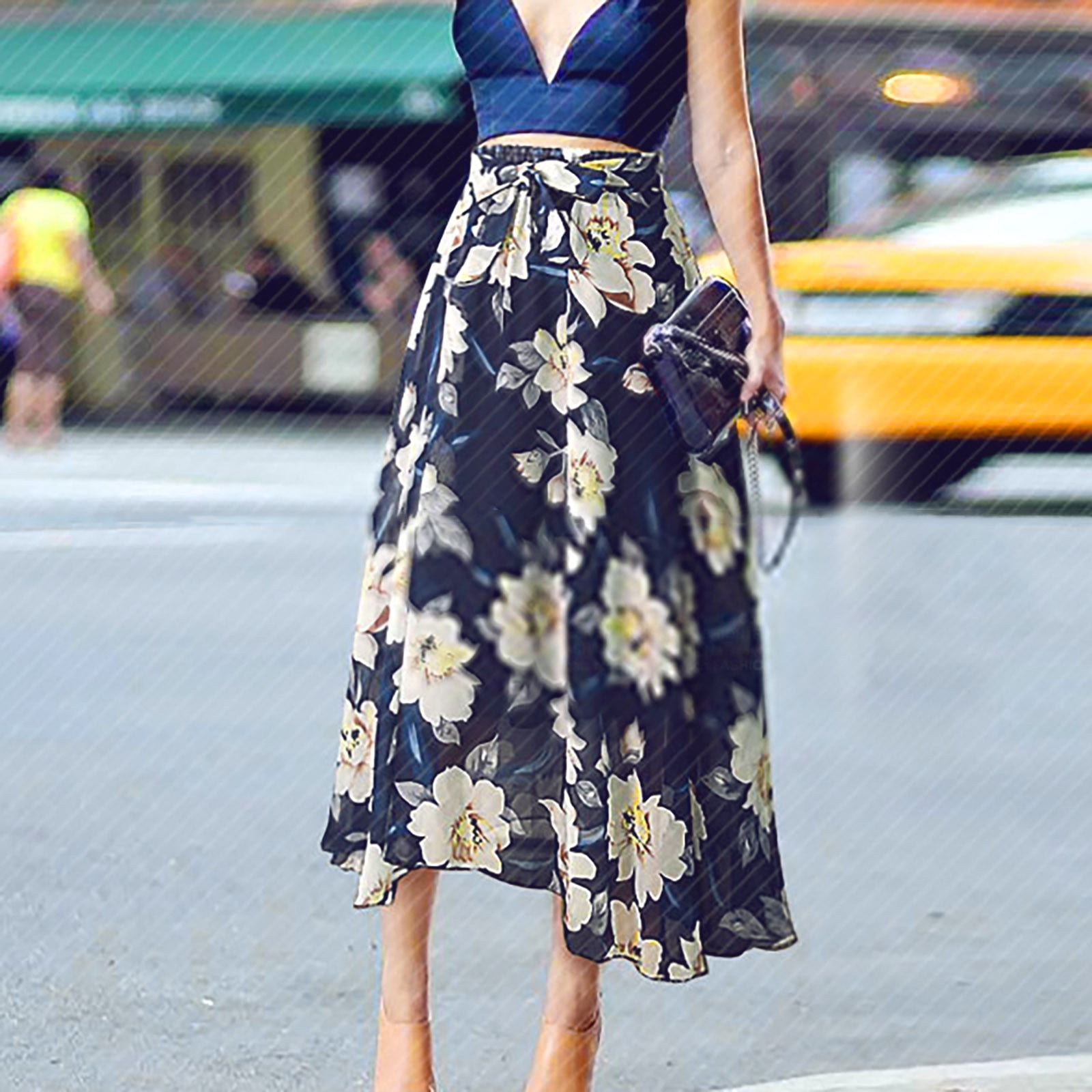 กระโปรงยาวทรงแม็กซี่ลายดอกไม้สำหรับผู้หญิง – กระโปรงยาวผ้าชีฟองเอวสูง เหมาะสำหรับฤดูร้อนและชายหาด