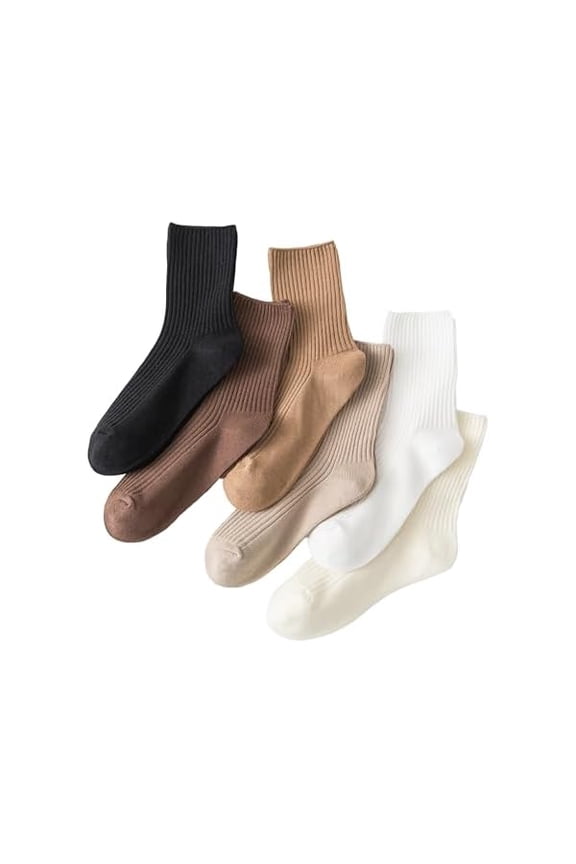 6 Pairs Cotton Crew Socks for Women - Neutral Tan High Socks