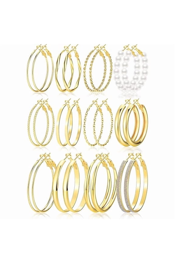 Gold Hoop Earrings Set for Women, 12 Pairs Hypoallergenic Large/Big Thin Thick Gold Hoops Earrings Loop Pack for Jewelry Gift 40mm/50mm