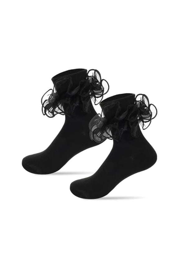 Ruffle Socks Women,Adult Double Lace Turn Cuff Frilly Dress Socks Bobby Sock with Ruffles Cotton Sock for Womens