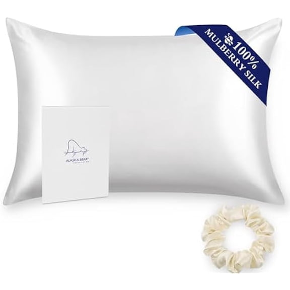 wmincc Silk Pillowcase for Hair and Skin, 100% Mulberry Silk Pillow Cases King Size for Bliss Sleep with Random Color Scrunchy Gift Set Better Than Poly Satin, Zipper Closure, 1pc, Cool White