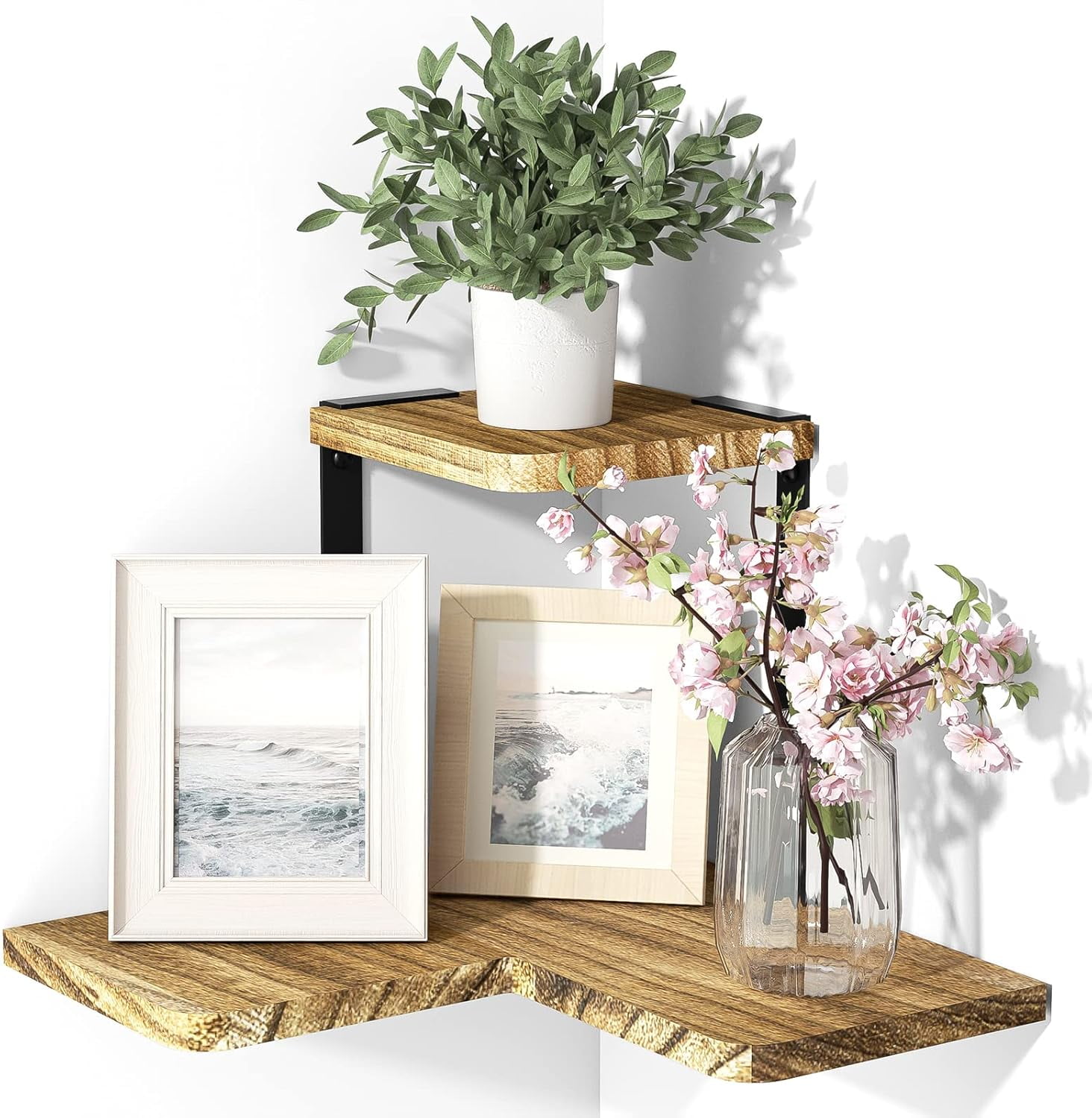 wmqydxg Rustic Corner Shelf 2-Tier Wood Wall Shelf Wall Mounted Storage ...