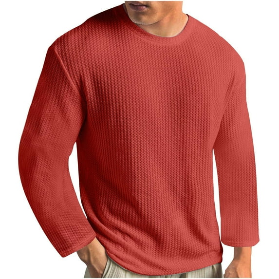wo-fusoul Men's Long Sleeve Shirts Honeycomb Waffle Pullover Sweater Crewneck Thermal Tops Lightweight Undershirts Orange 2XL