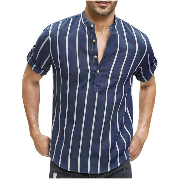 wo-fusoul Men's Summer Shirts Striped Casual Button Down Shirts Round Collar Short Sleeve Shirts Relaxed Fit Loose Shirts Blue M