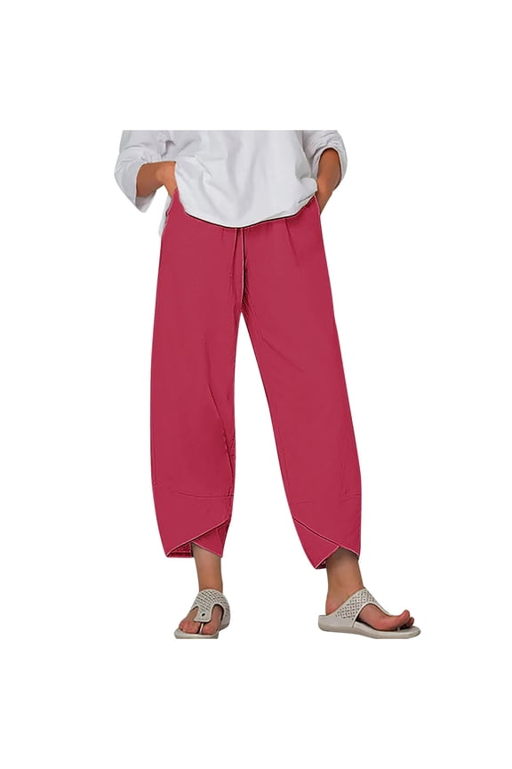 Wide Leg Pants Woman, Wide Leg Linen Pants for Women, Womens Casual Loose Elastic Waist Cotton Linen Trouser Cropped Wide Leg Pants Pink A S