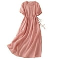 thumbnail image 1 of wo-fusoul Women Bohemian Cotton Linen Dresses Short Sleeve Maxi Long Dress Plain Classic Dresses Trendy Boho Dresses with Belt Pink M, 1 of 9