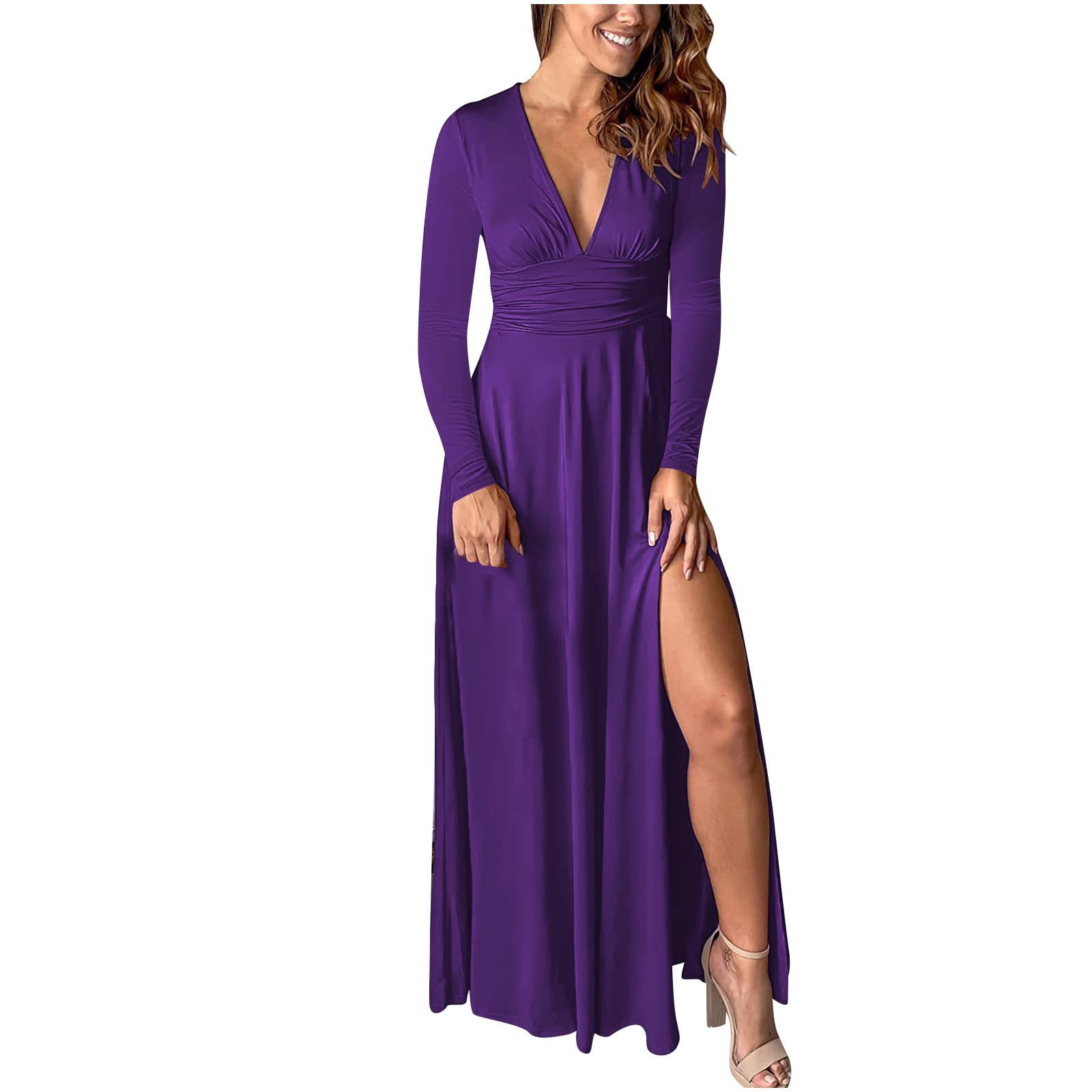 wo-fusoul Women Deep V Neck Long Sleeve Slit 2024 Fall Elegant Formal  Wedding Guest Cocktail Evening Date Prom Maxi Long Dress Purple S -  Walmart.com