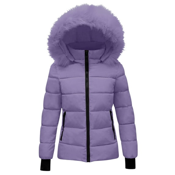 wo-fusoul Women's Winter Thicken Puffer Coat Warm Snow Jacket with Faux Fur Removable Hood Purple 2XL