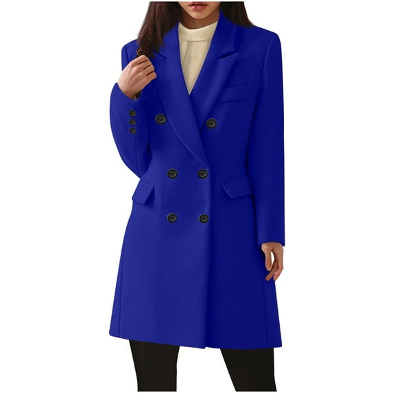 wo-fusoul Womens Long Wool Coat Double Breasted Trench Coat Fall Winter Clothes Blue 2XL