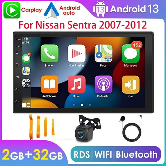 WOLFWO 2+32G Car Radio Stereo for Nissan Sentra 2007-2012 with Wireless Carplay Android Auto, Android 13 7" Touch Screen GPS Navigation WiFi Backup Camera