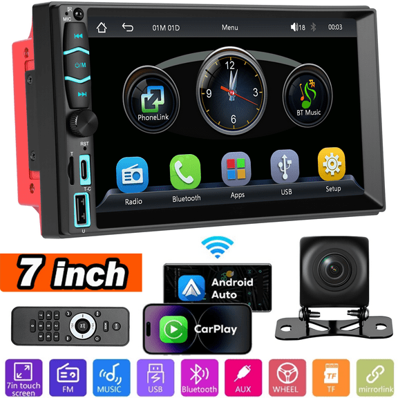 WOLFWO Car Radio Stereo with Rear Camera, 7" Wireless Car Radio Double Din Apple CarPlay Stereo Touch Screen Bluetooth FM