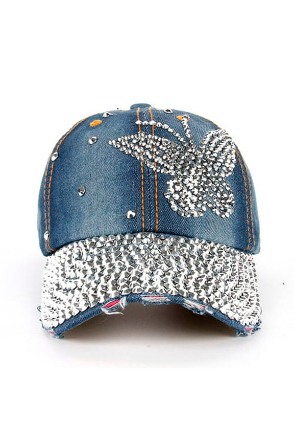 Women Men Butterfly Denim Rhinestone Baseball Cap Snapback Hip Hop Flat Hat Cowboy Hats for Women Beanie Cowgirl Hat Bu