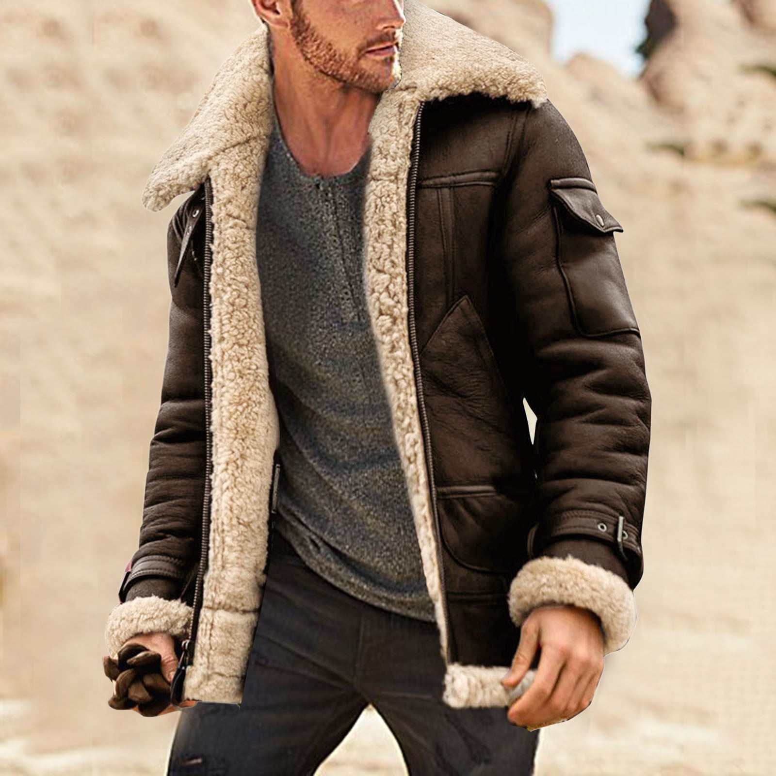 wofeydo Winter Coats for Men, Lapel Vintage Thicken Faux-Fur' Jackets ...